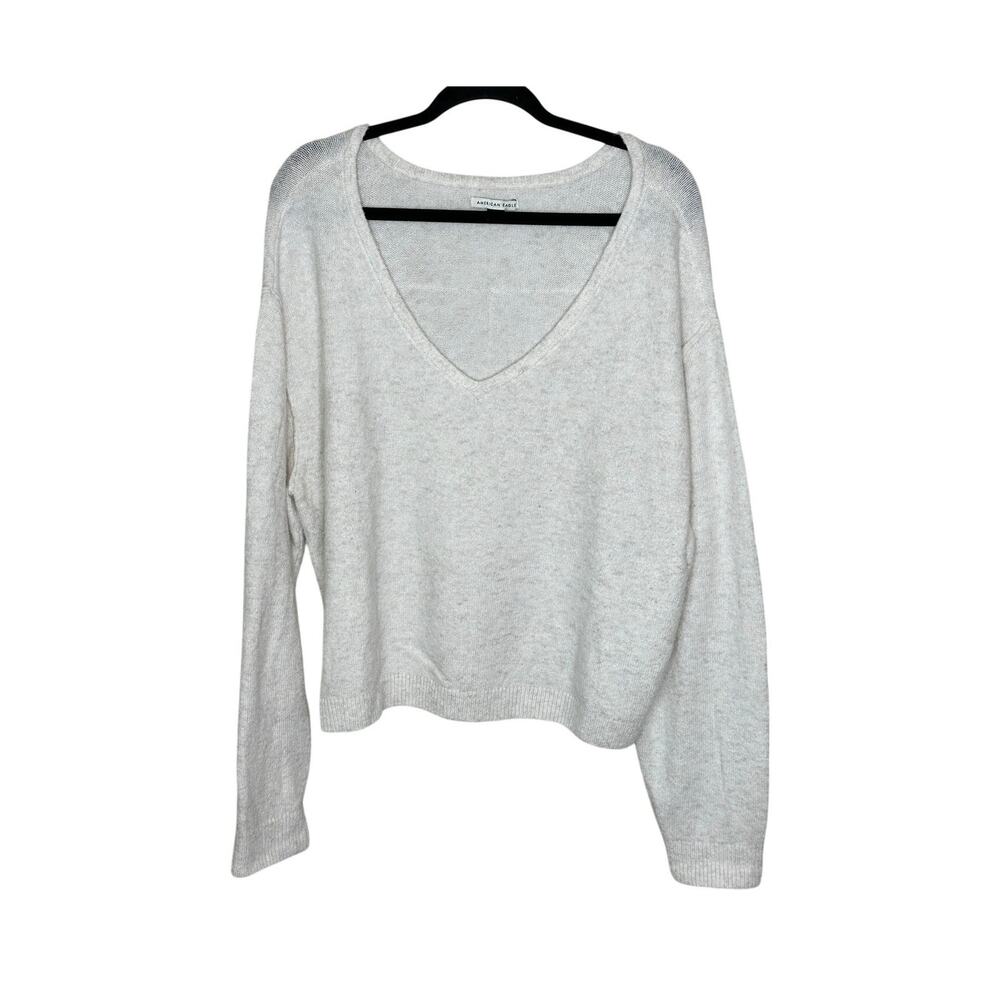 American Eagle Sweater Womens L Cream Marbled V-Neck Knit Pullover Winter Casual